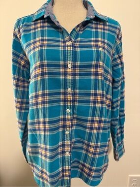 Lands’ End Button Down Flannel Shirt Teal Blue 100% Cotton Plaid Size L 14/16